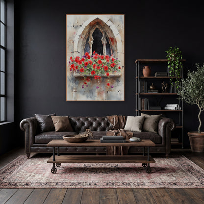 Red Geraniums Weathered Stone Arch Moody wall art in a moody dark academia room – watercolor of a pointed gothic stone
