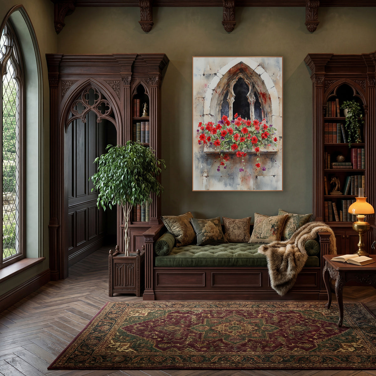 Red Geraniums Weathered Stone Arch Moody wall art in a moody dark academia room – watercolor of a pointed gothic stone