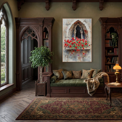 Red Geraniums Weathered Stone Arch Moody wall art in a moody dark academia room – watercolor of a pointed gothic stone