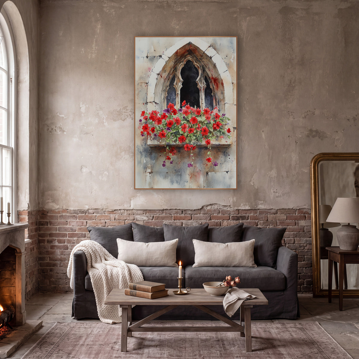 Red Geraniums Weathered Stone Arch Moody wall art in a moody dark academia room – watercolor of a pointed gothic stone