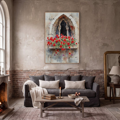 Red Geraniums Weathered Stone Arch Moody wall art in a moody dark academia room – watercolor of a pointed gothic stone