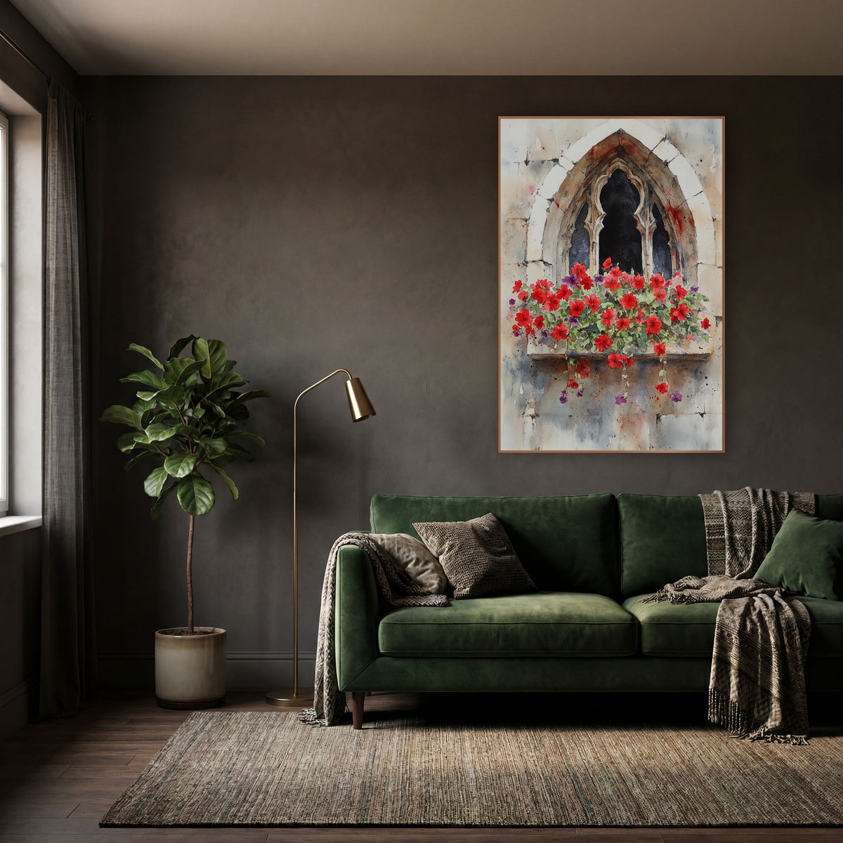 Red Geraniums Weathered Stone Arch Moody wall art in a moody dark academia room – watercolor of a pointed gothic stone
