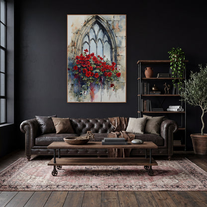 Scarlet Geranium Lancet Window Botanical wall art in a moody dark academia room – red flowers spilling from a pointed