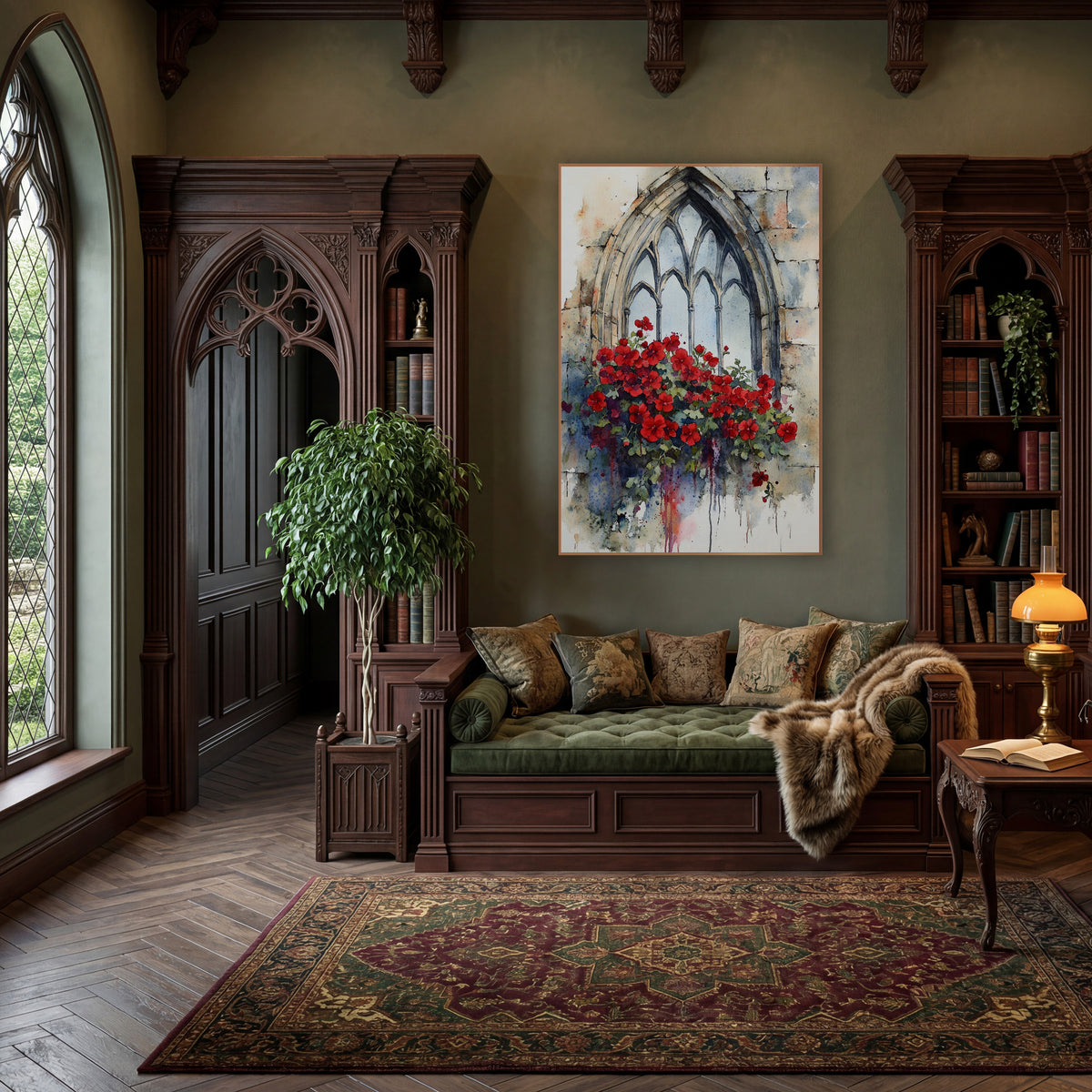 Scarlet Geranium Lancet Window Botanical wall art in a moody dark academia room – red flowers spilling from a pointed
