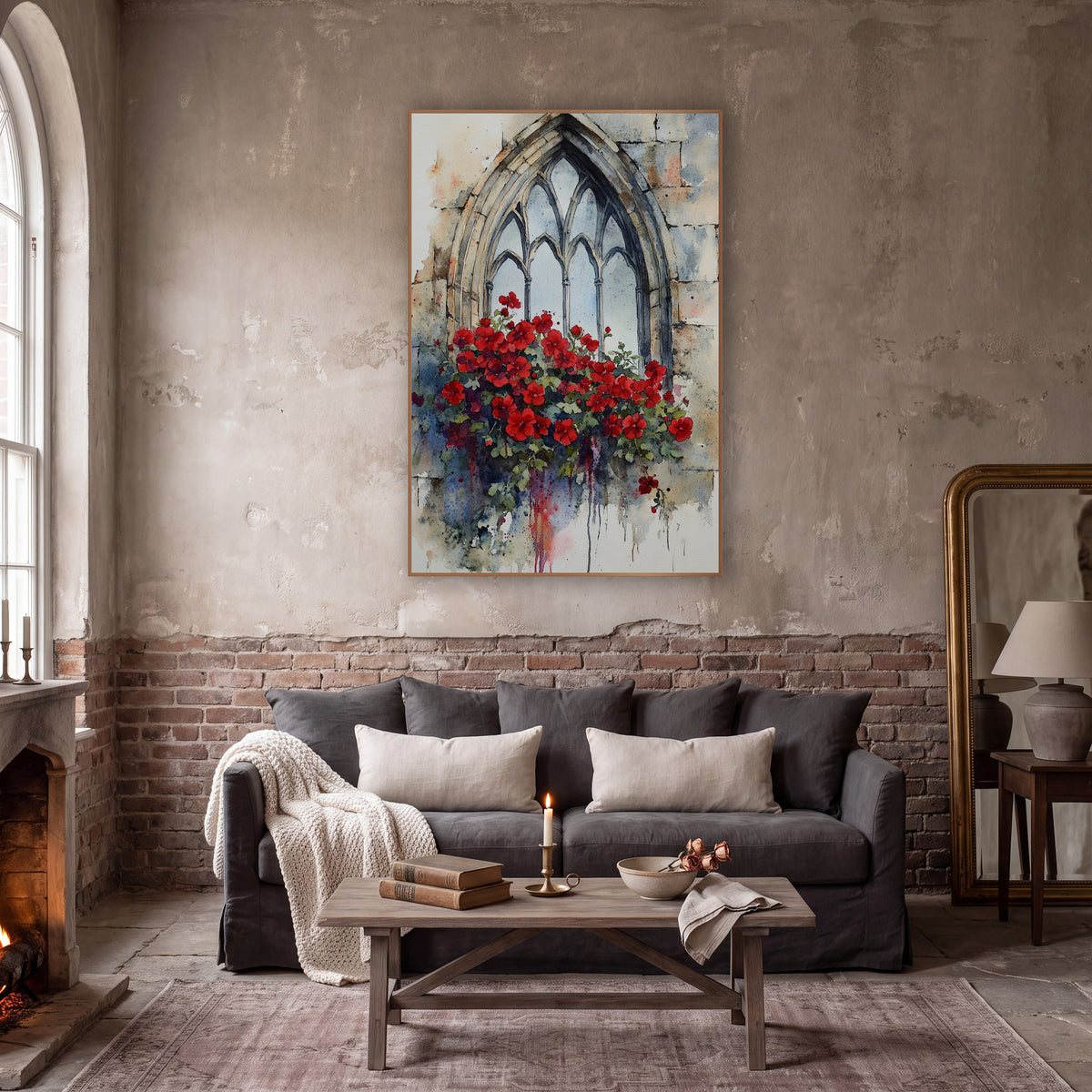 Scarlet Geranium Lancet Window Botanical wall art in a moody dark academia room – red flowers spilling from a pointed