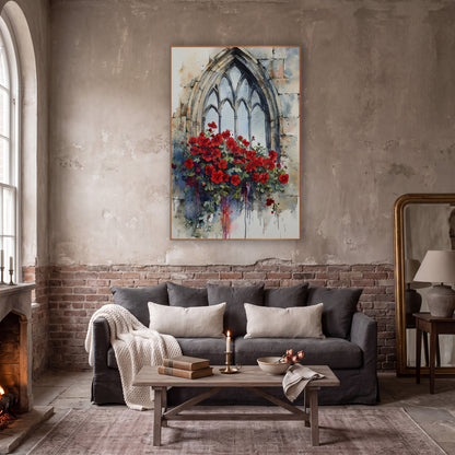 Scarlet Geranium Lancet Window Botanical wall art in a moody dark academia room – red flowers spilling from a pointed