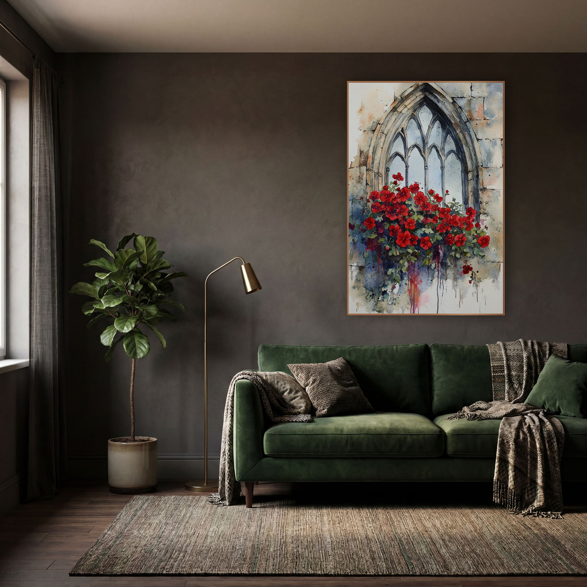 Scarlet Geranium Lancet Window Botanical wall art in a moody dark academia room – red flowers spilling from a pointed
