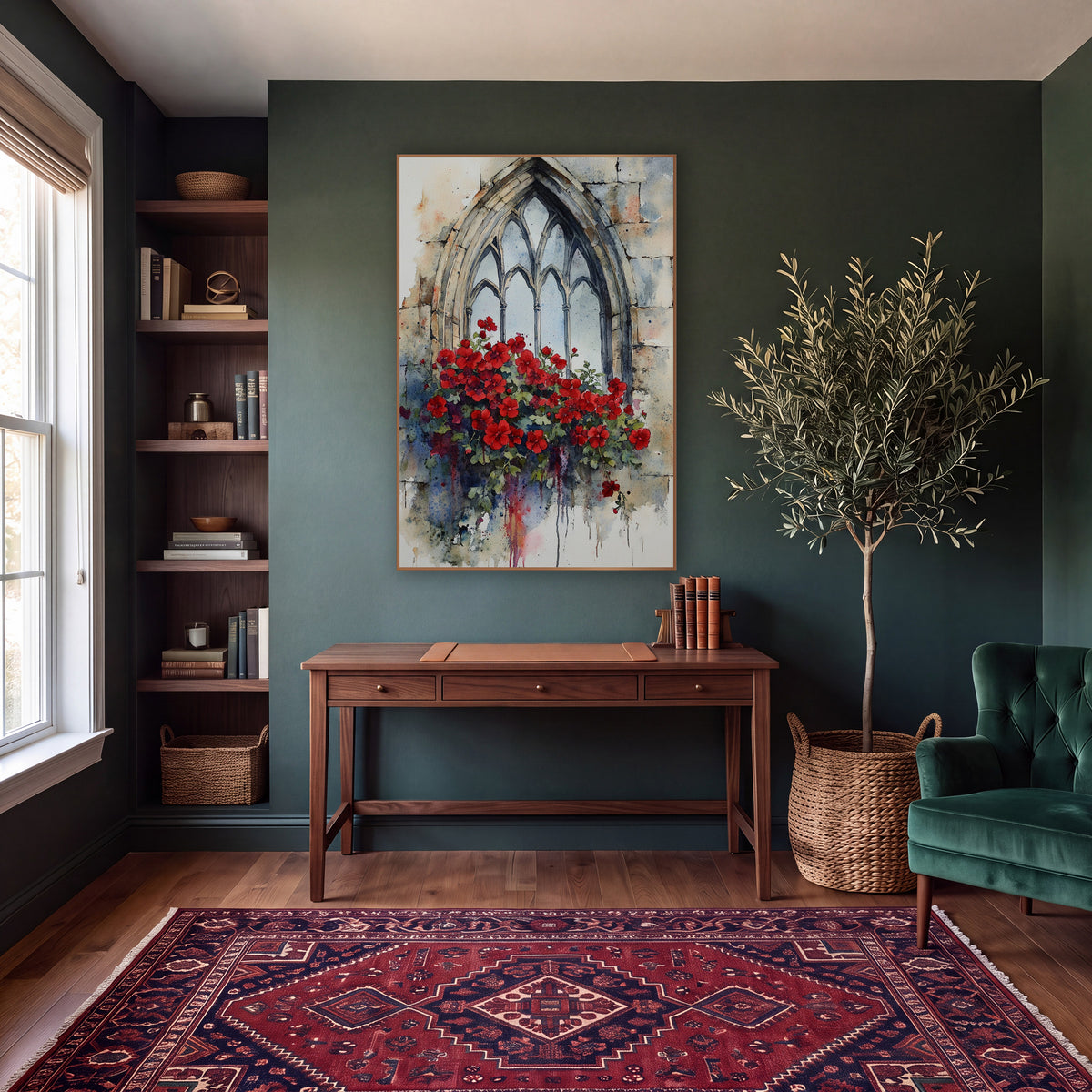 Scarlet Geranium Lancet Window Botanical wall art in a moody dark academia room – red flowers spilling from a pointed