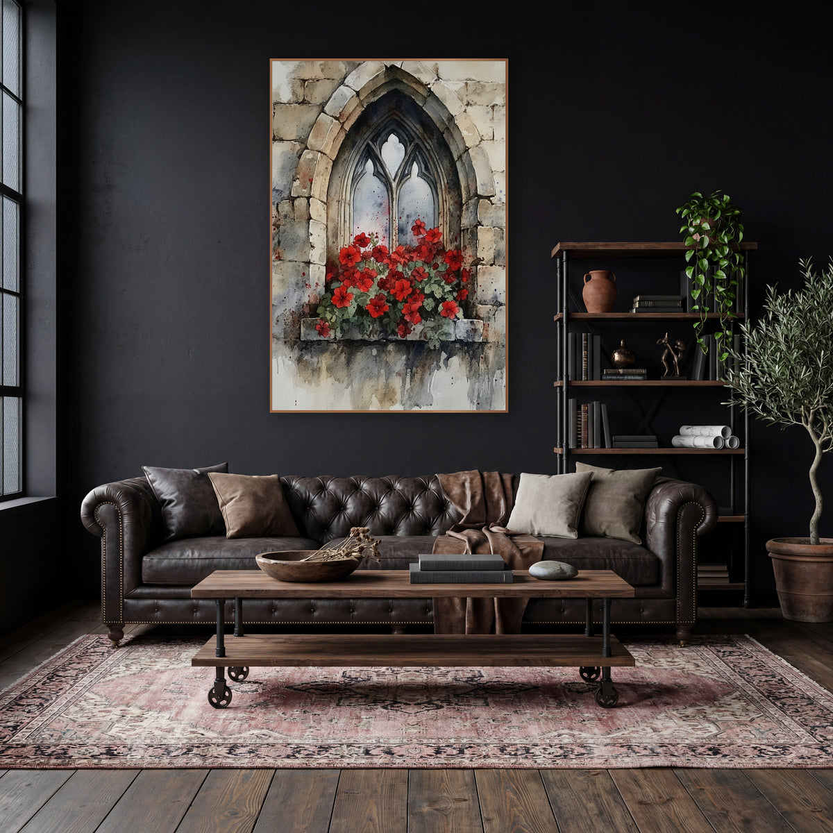 Stone Ledge Geraniums Weathered Gothic wall art in a moody dark academia room – watercolor of a pointed gothic stone