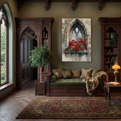 Stone Ledge Geraniums Weathered Gothic wall art in a moody dark academia room – watercolor of a pointed gothic stone