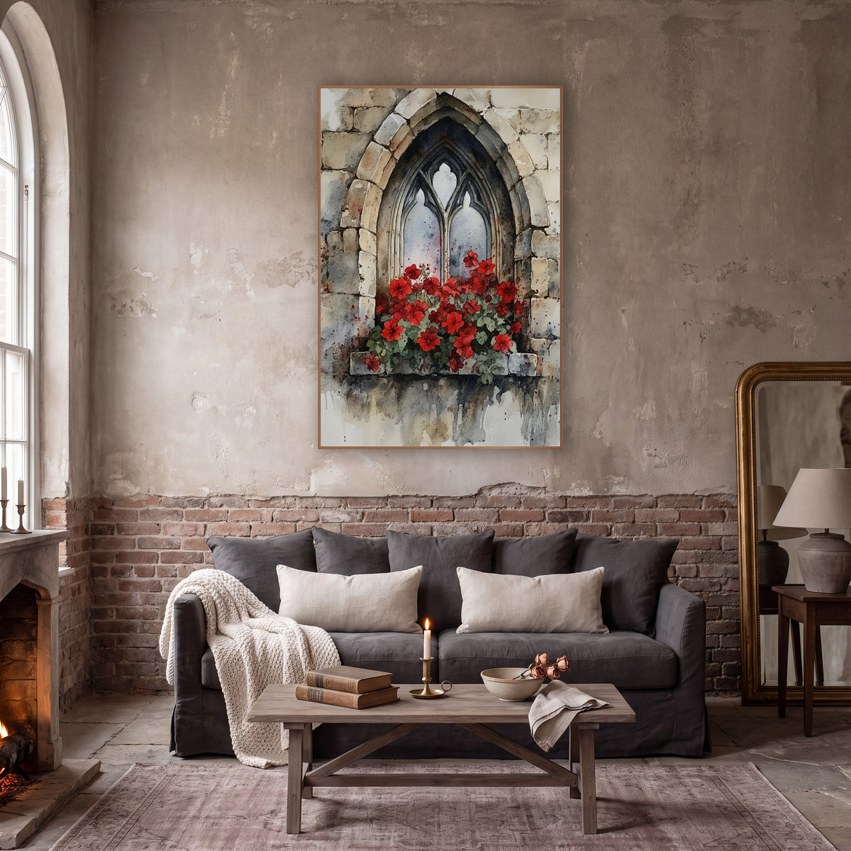 Stone Ledge Geraniums Weathered Gothic wall art in a moody dark academia room – watercolor of a pointed gothic stone