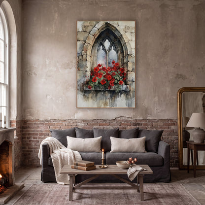 Stone Ledge Geraniums Weathered Gothic wall art in a moody dark academia room – watercolor of a pointed gothic stone