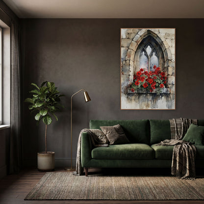 Stone Ledge Geraniums Weathered Gothic wall art in a moody dark academia room – watercolor of a pointed gothic stone