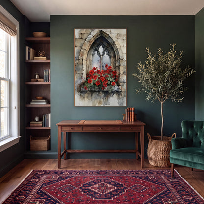 Stone Ledge Geraniums Weathered Gothic wall art in a moody dark academia room – watercolor of a pointed gothic stone