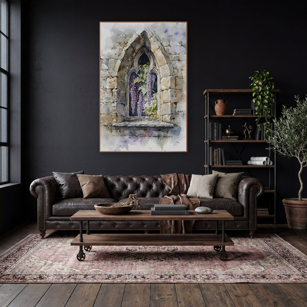 Wisteria Cracked Stone Window Botanical wall art in a moody dark academia room – purple wisteria blooms and green