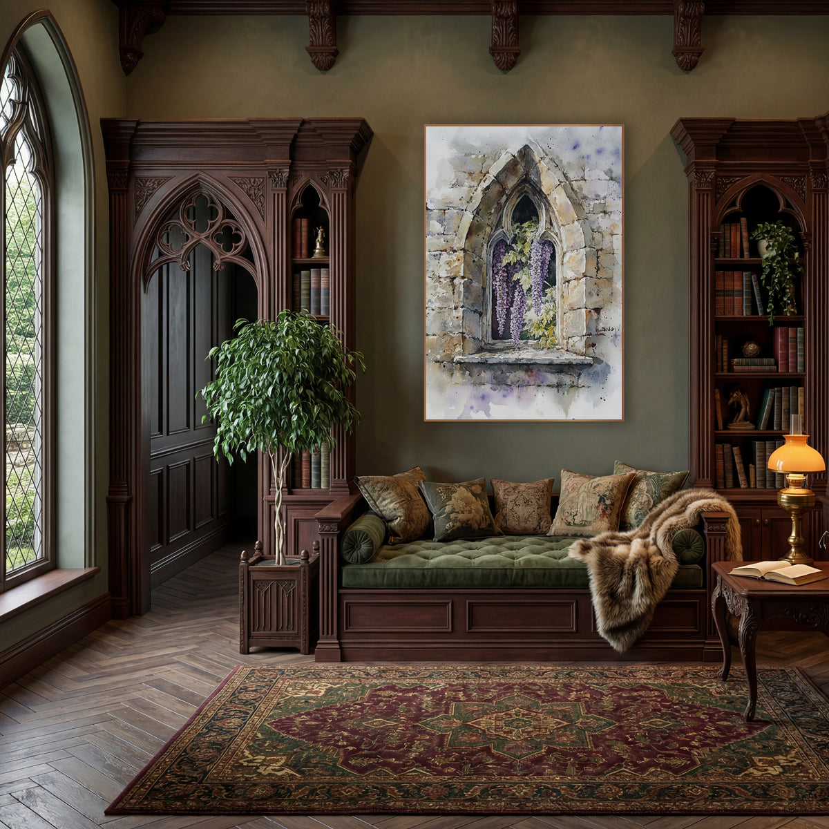 Wisteria Cracked Stone Window Botanical wall art in a moody dark academia room – purple wisteria blooms and green