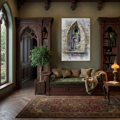 Wisteria Cracked Stone Window Botanical wall art in a moody dark academia room – purple wisteria blooms and green