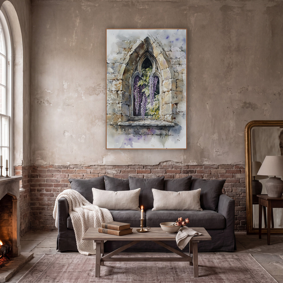 Wisteria Cracked Stone Window Botanical wall art in a moody dark academia room – purple wisteria blooms and green
