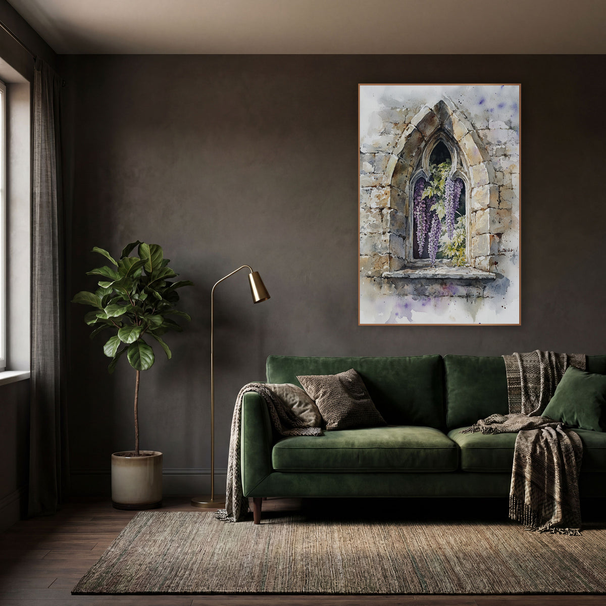 Wisteria Cracked Stone Window Botanical wall art in a moody dark academia room – purple wisteria blooms and green