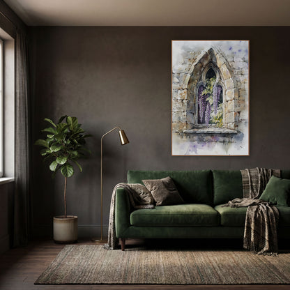 Wisteria Cracked Stone Window Botanical wall art in a moody dark academia room – purple wisteria blooms and green