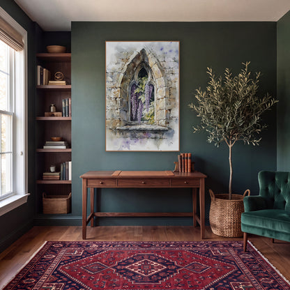 Wisteria Cracked Stone Window Botanical wall art in a moody dark academia room – purple wisteria blooms and green