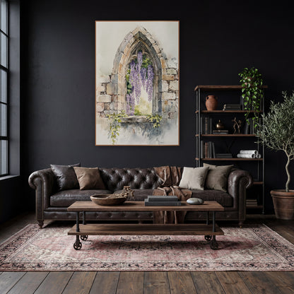 Wisteria Ruined Archway Garden Classic wall art in a moody dark academia room – watercolor-style wisteria with purple