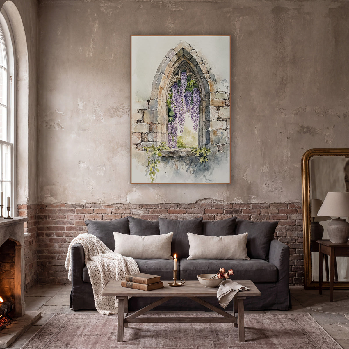 Wisteria Ruined Archway Garden Classic wall art in a moody dark academia room – watercolor-style wisteria with purple