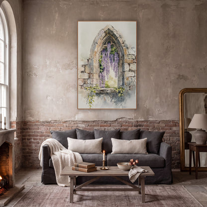 Wisteria Ruined Archway Garden Classic wall art in a moody dark academia room – watercolor-style wisteria with purple