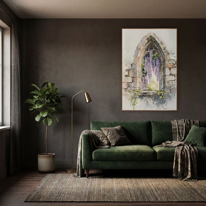 Wisteria Ruined Archway Garden Classic wall art in a moody dark academia room – watercolor-style wisteria with purple