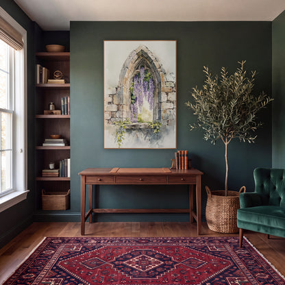 Wisteria Ruined Archway Garden Classic wall art in a moody dark academia room – watercolor-style wisteria with purple