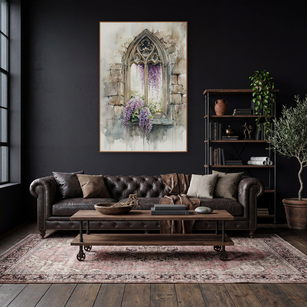 Gothic Window Wisteria Watercolor wall art in a moody dark academia room – watercolor-style gothic arched stone window