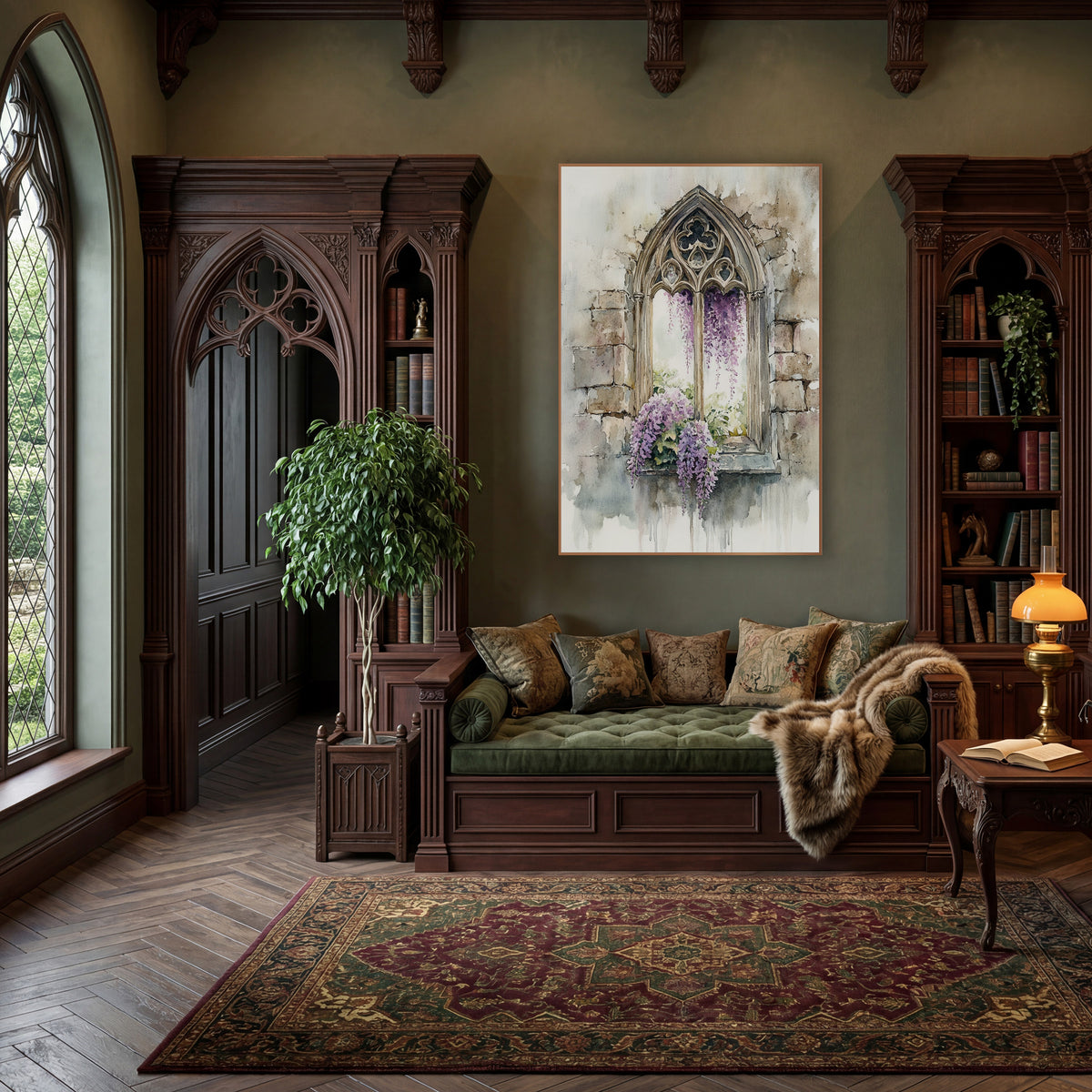 Gothic Window Wisteria Watercolor wall art in a moody dark academia room – watercolor-style gothic arched stone window