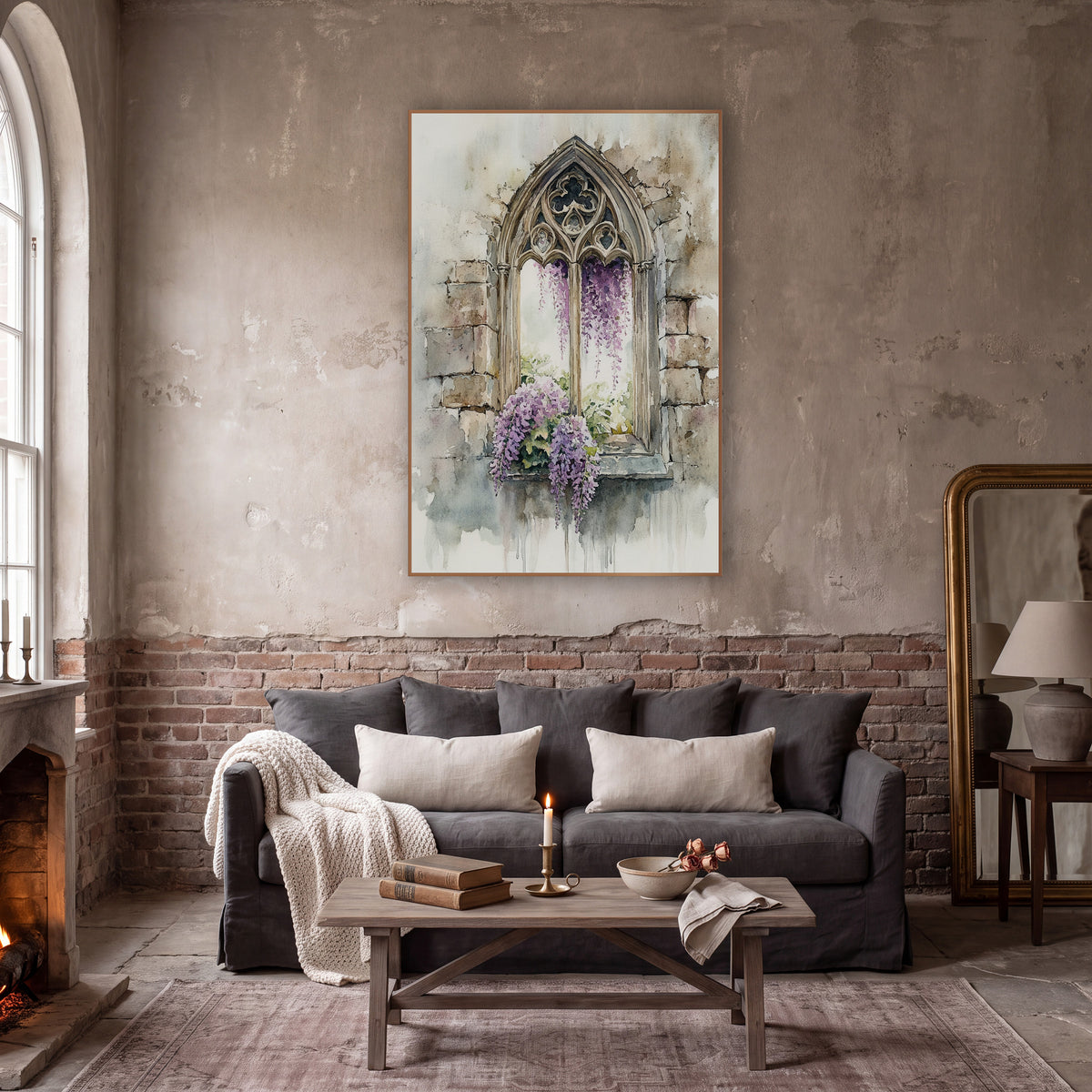 Gothic Window Wisteria Watercolor wall art in a moody dark academia room – watercolor-style gothic arched stone window