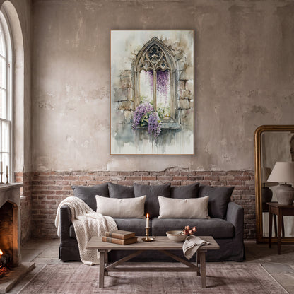 Gothic Window Wisteria Watercolor wall art in a moody dark academia room – watercolor-style gothic arched stone window