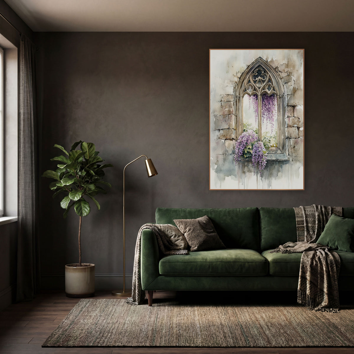 Gothic Window Wisteria Watercolor wall art in a moody dark academia room – watercolor-style gothic arched stone window