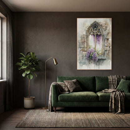 Gothic Window Wisteria Watercolor wall art in a moody dark academia room – watercolor-style gothic arched stone window
