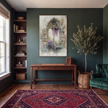 Gothic Window Wisteria Watercolor wall art in a moody dark academia room – watercolor-style gothic arched stone window