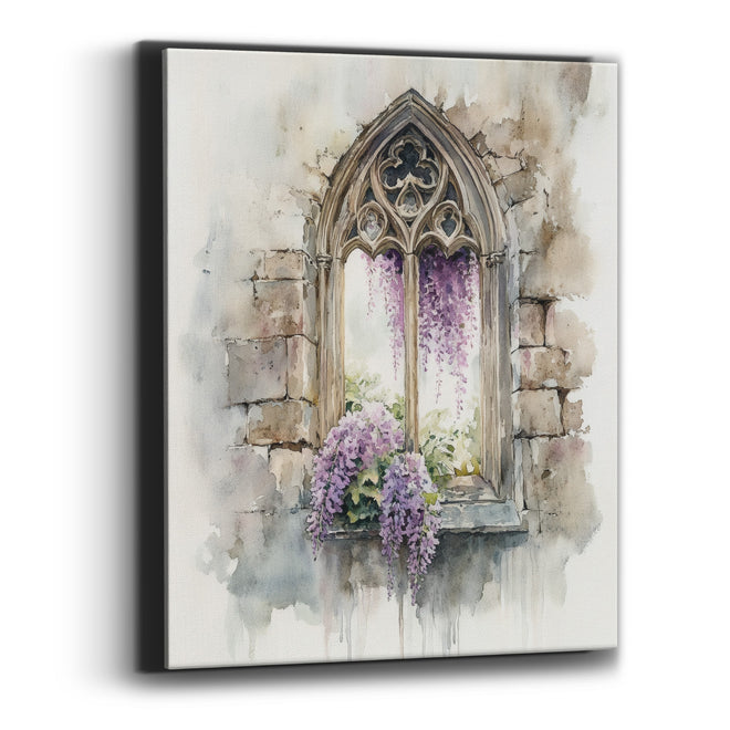Gothic Window Wisteria Watercolor Canvas Wall Art