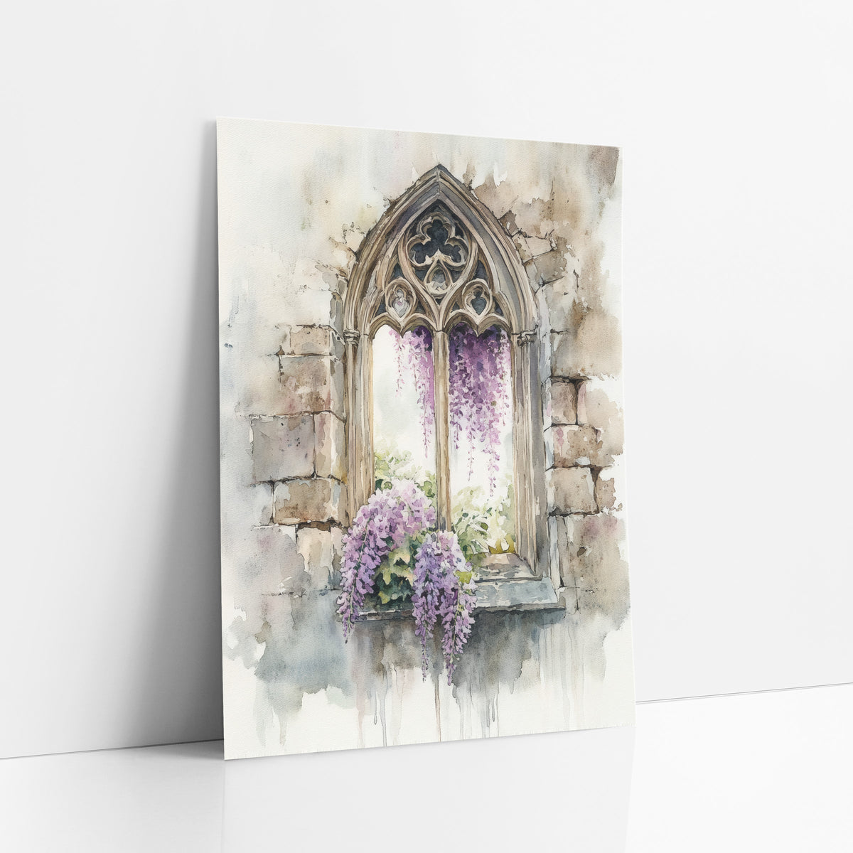 Gothic Window Wisteria Watercolor art print leaning against a white wall – watercolor-style gothic arched stone window