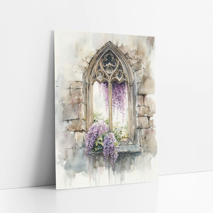 Gothic Window Wisteria Watercolor art print leaning against a white wall – watercolor-style gothic arched stone window