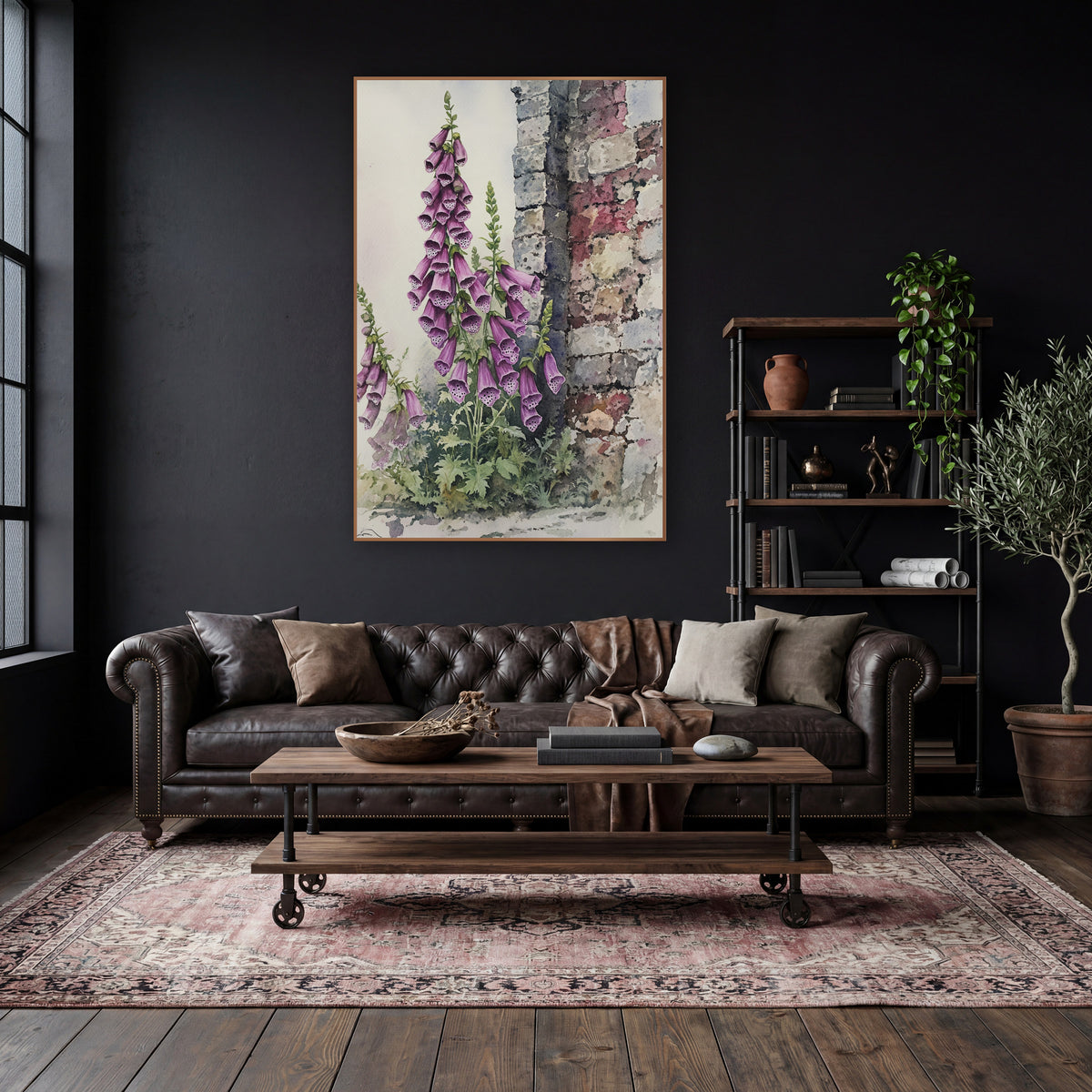 Purple Foxglove Stone Wall Botanical wall art in a moody dark academia room – tall purple foxglove spikes