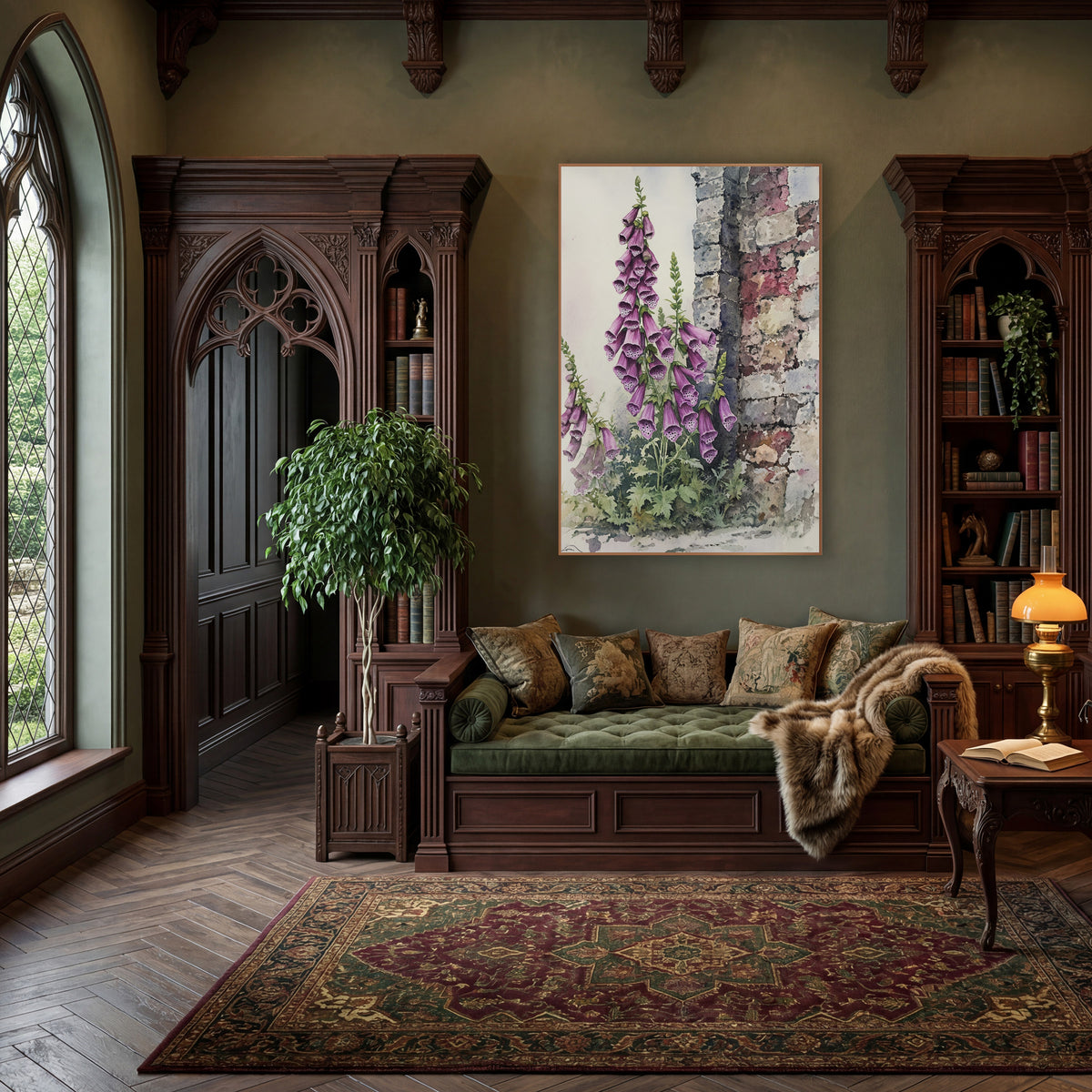 Purple Foxglove Stone Wall Botanical wall art in a moody dark academia room – tall purple foxglove spikes