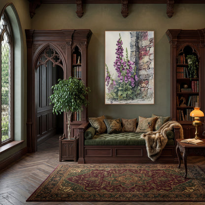 Purple Foxglove Stone Wall Botanical wall art in a moody dark academia room – tall purple foxglove spikes