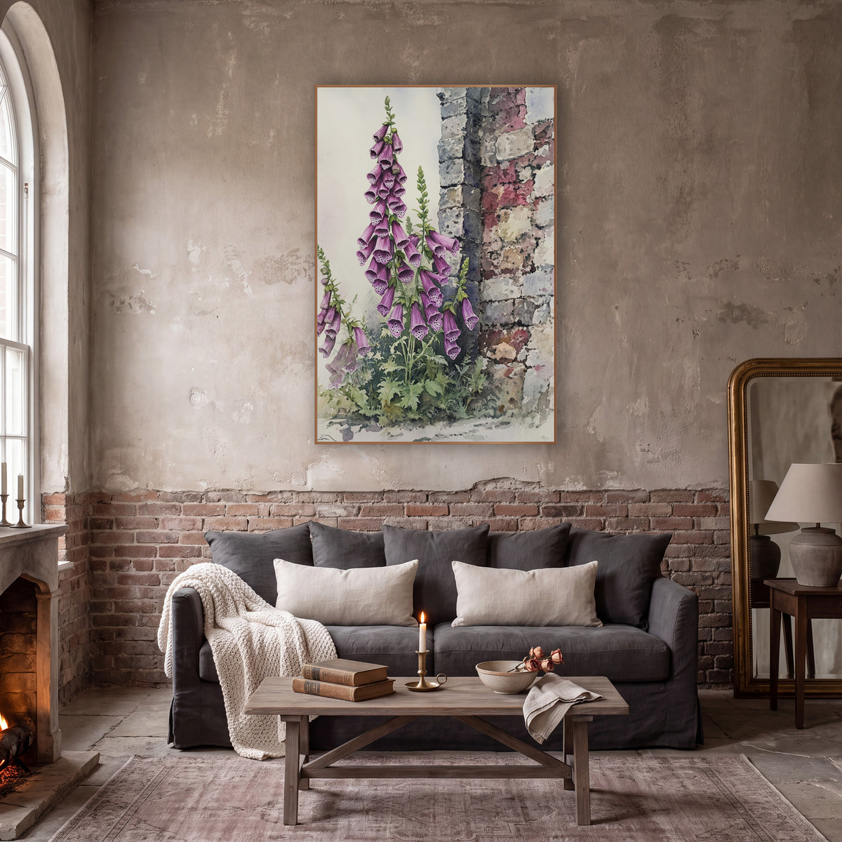 Purple Foxglove Stone Wall Botanical wall art in a moody dark academia room – tall purple foxglove spikes