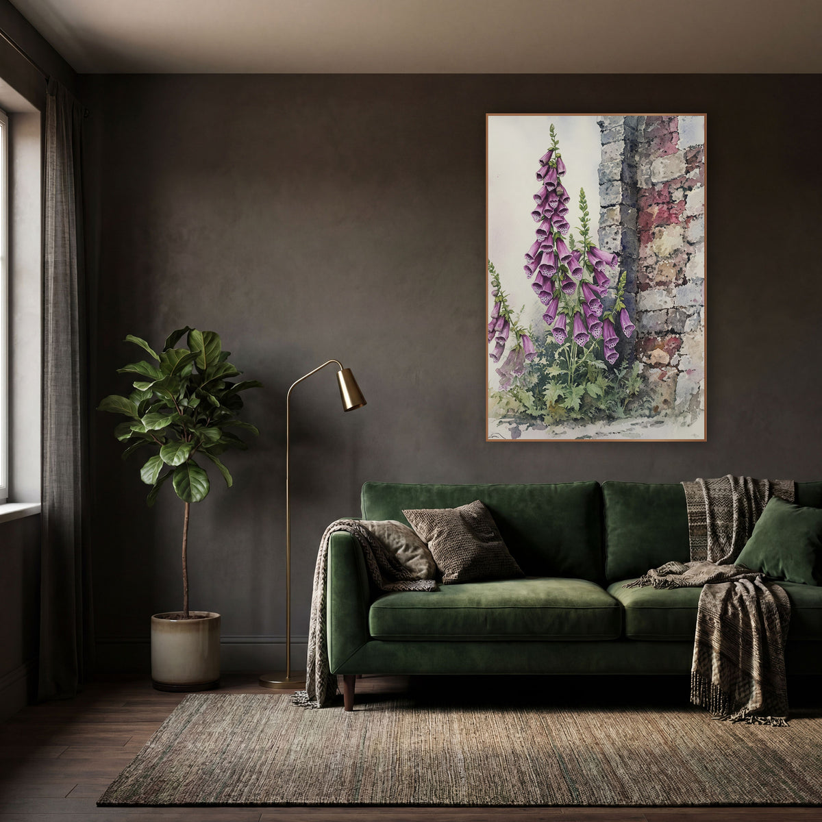 Purple Foxglove Stone Wall Botanical wall art in a moody dark academia room – tall purple foxglove spikes
