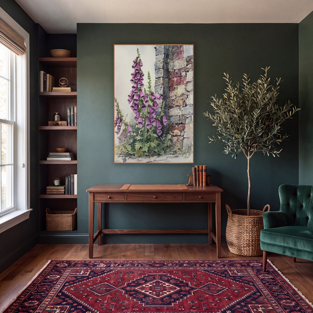 Purple Foxglove Stone Wall Botanical wall art in a moody dark academia room – tall purple foxglove spikes