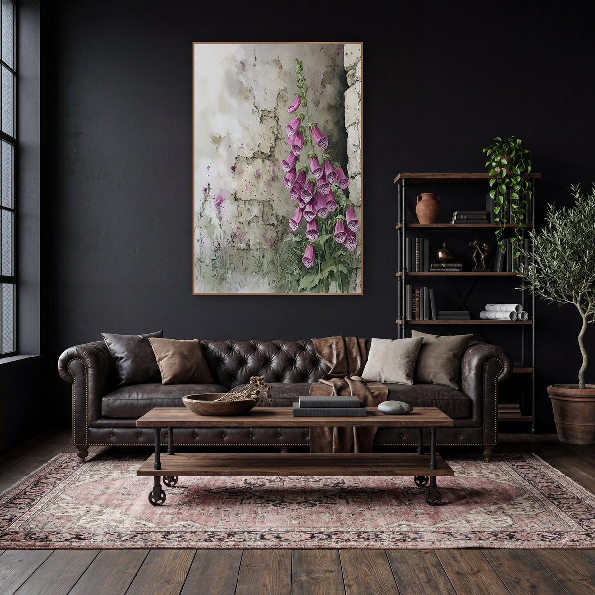 Pink Foxglove Stone Wall Botanical wall art in a moody dark academia room – pink foxglove spike with spotted bell
