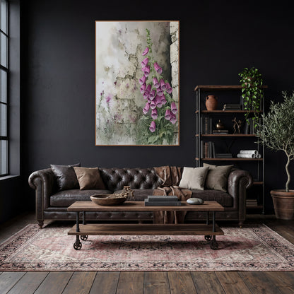 Pink Foxglove Stone Wall Botanical wall art in a moody dark academia room – pink foxglove spike with spotted bell