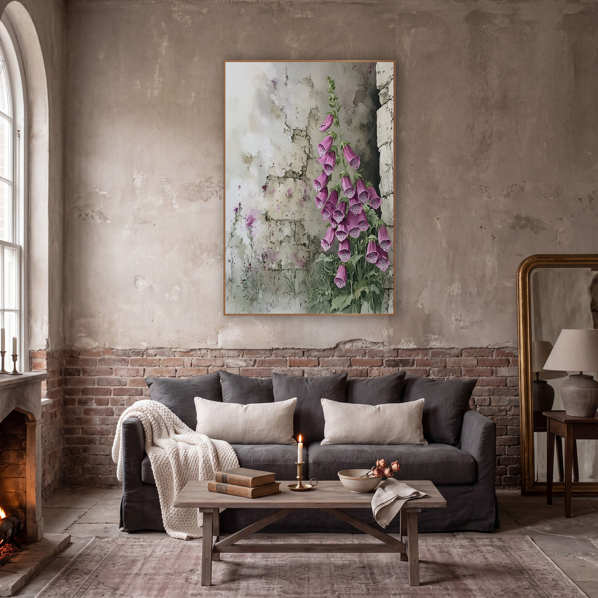 Pink Foxglove Stone Wall Botanical wall art in a moody dark academia room – pink foxglove spike with spotted bell