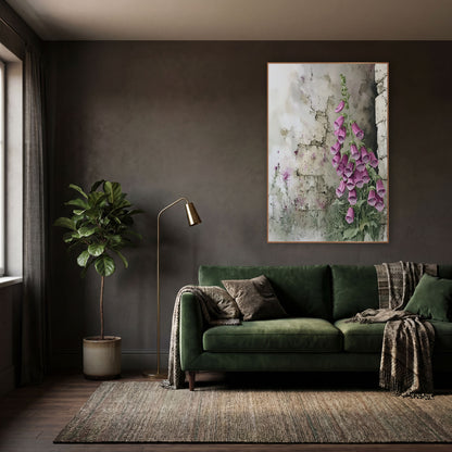 Pink Foxglove Stone Wall Botanical wall art in a moody dark academia room – pink foxglove spike with spotted bell